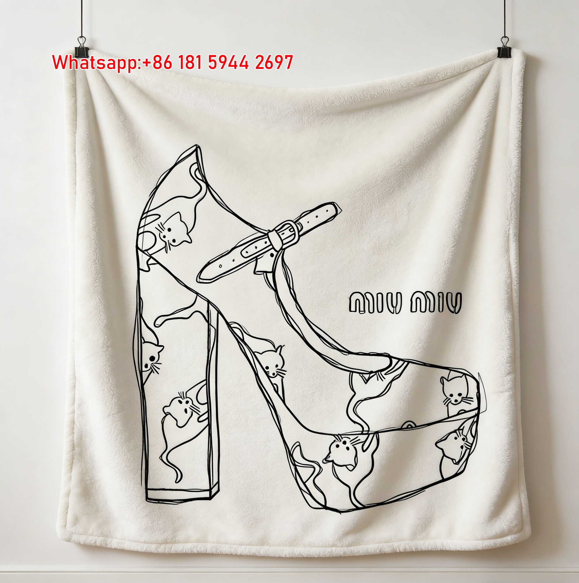 Miu Miu Cat Print White Flannel Throw Blanket Miu Miu High Heel Sketch Printed Sofa Blanket IMG_0387